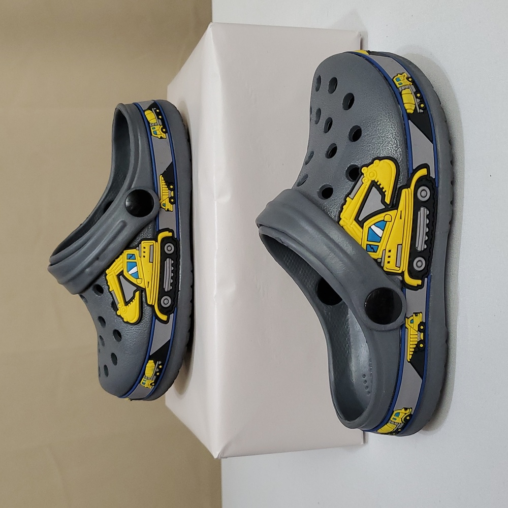 10.5 Toddler Boy Clogs, Gray with Yellow Excavators, Bulldozers, Dump Trucks ect